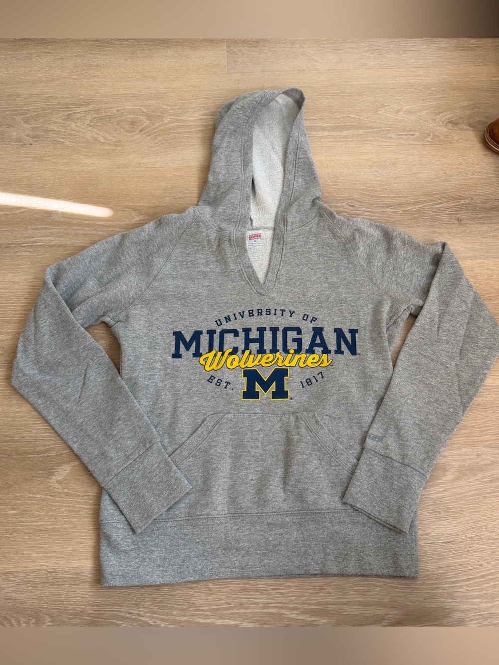 Soffe Gray V-Neck Hoodie with Navy and Yellow Michigan Logo